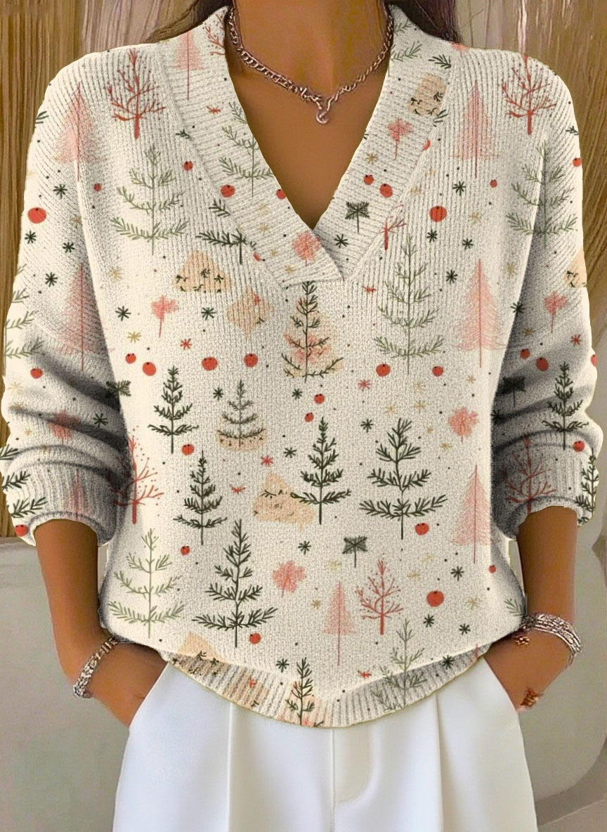 Women's Christmas Tree Art Print Buttoned Cardigan Sweater