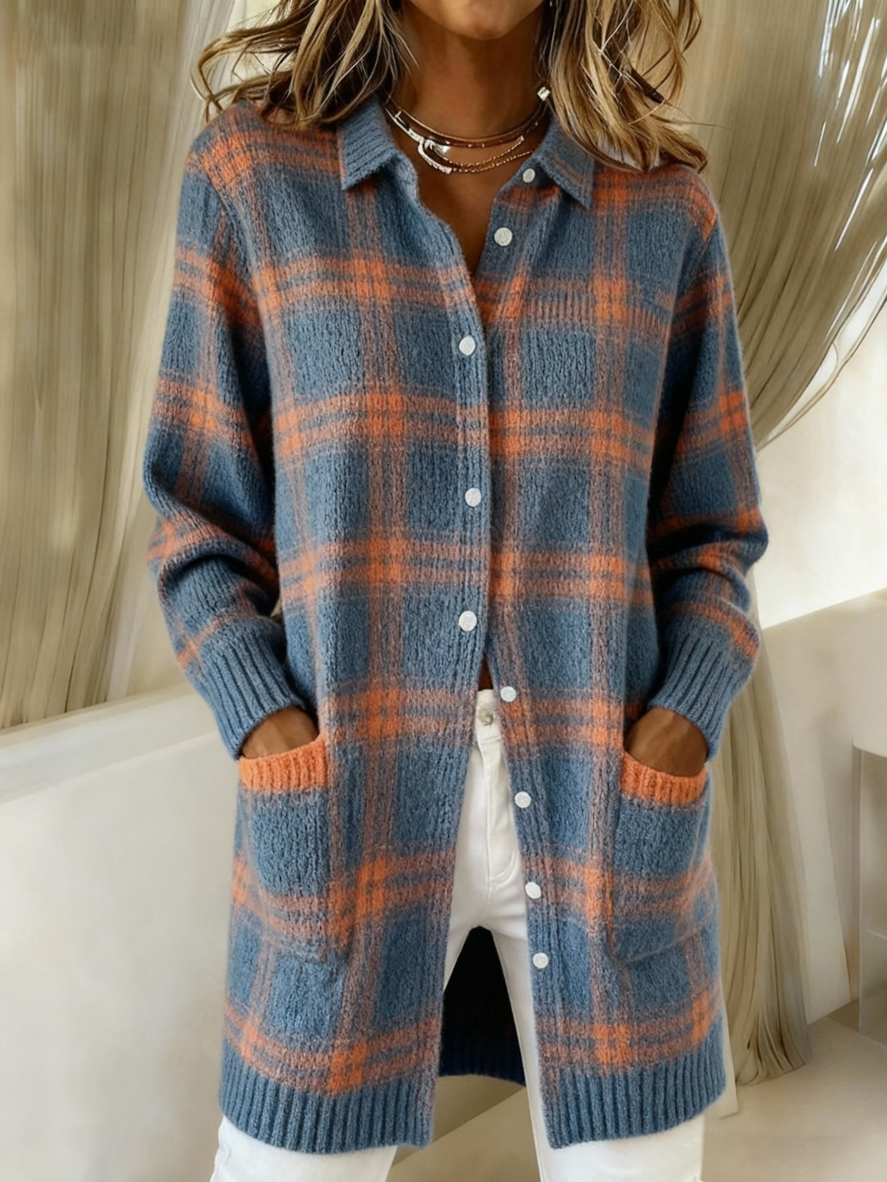Women's Plaid Print Casual Cotton Buttoned Cardigan Sweater