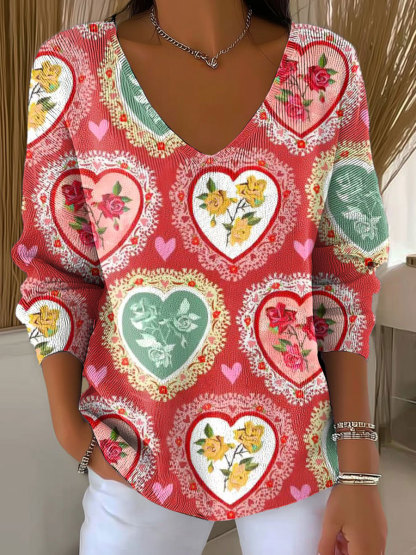 Women's Flowers Pattern Casual Print Pullover Sweater