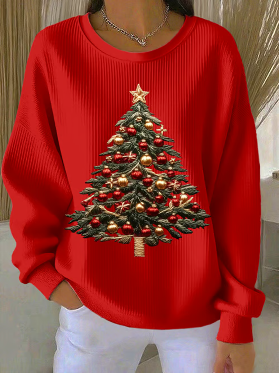 Women's Casual Crew Neck Christmas Tree Print Sweatshirt Top