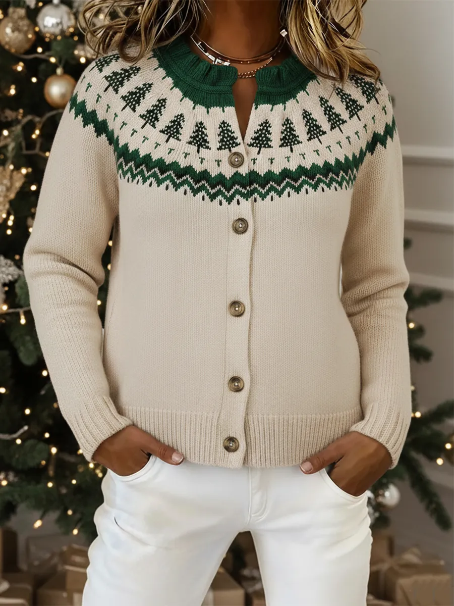 Vintage Christmas Pine Print Crew Neck Button Cardigan