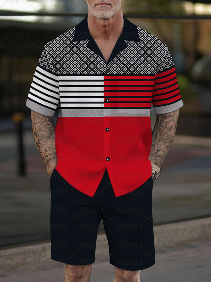 Men's Fashion Casual Geometric Print Short-Sleeved Shirt Set