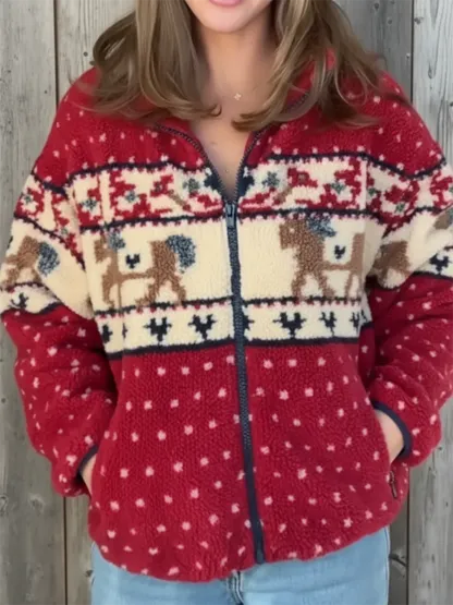 Cozy Lambswool Reindeer Print Zip-up Hooded Jacket