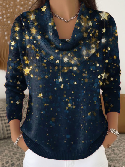 Women's Shiny Stars Pattern Art Print Cowl Neck Sweater
