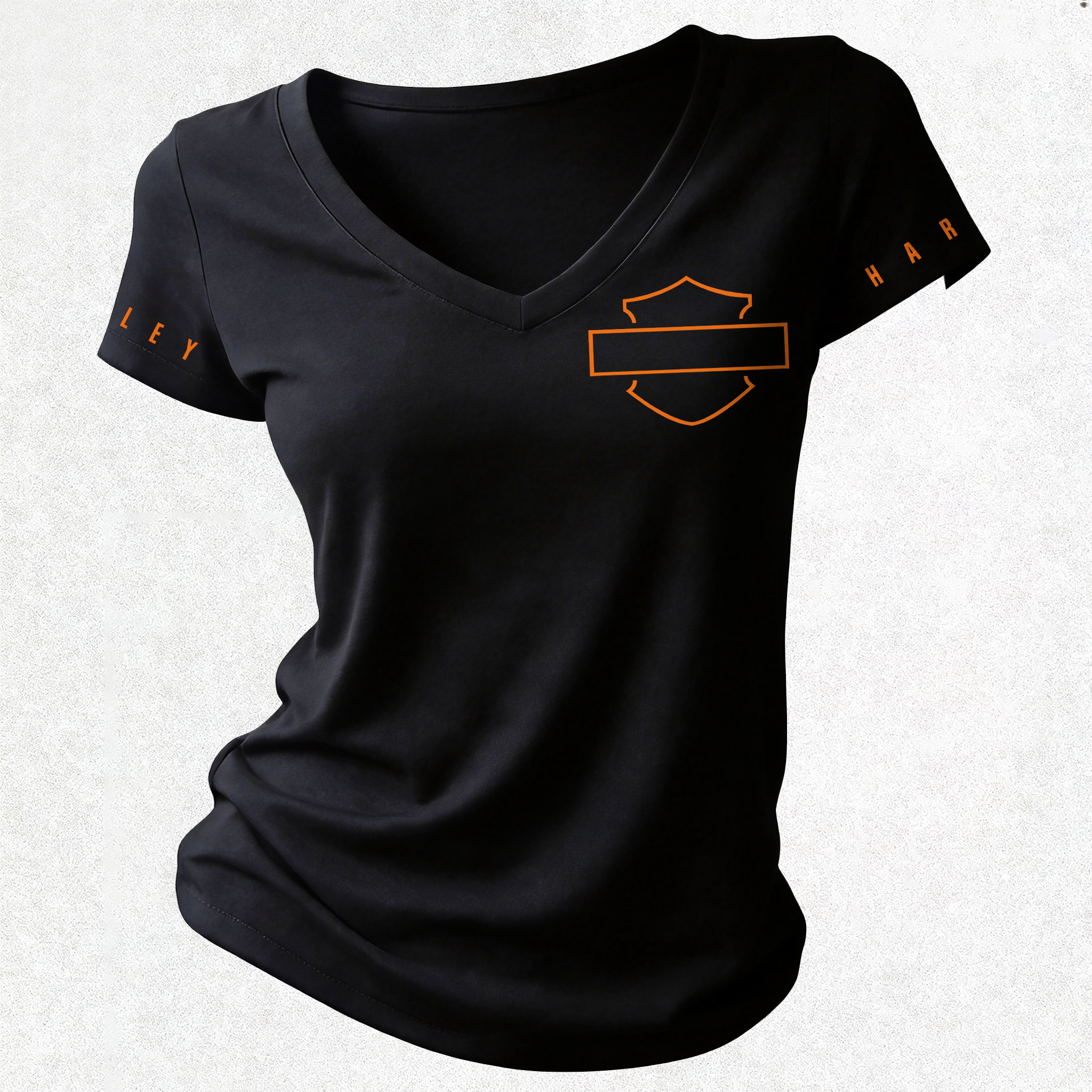  Motorcycles Printed Women's V-neck Pleated Waist Fitted T-shirt
