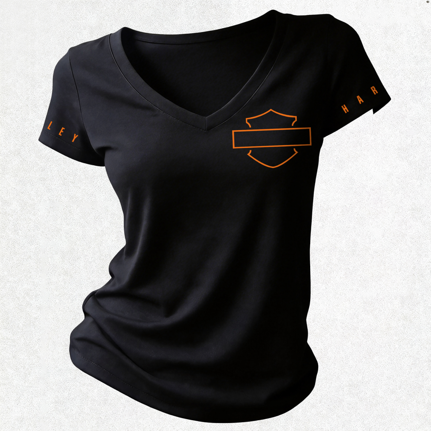  Motorcycles Printed Women's V-neck Pleated Waist Fitted T-shirt