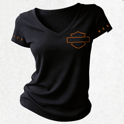  Motorcycles Printed Women's V-neck Pleated Waist Fitted T-shirt