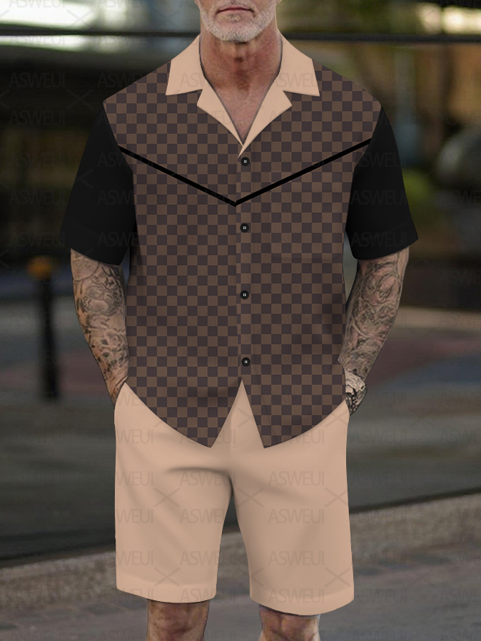 Men's Fashion Casual Geometric Print Short-Sleeved Shirt Set
