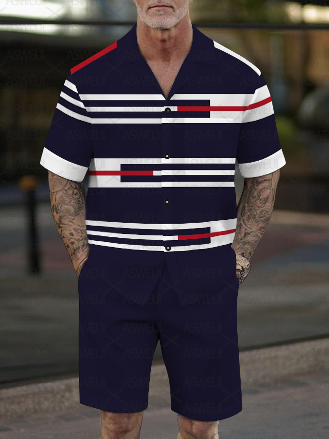 Men's Fashion Casual Geometric Print Short-Sleeved Shirt Set