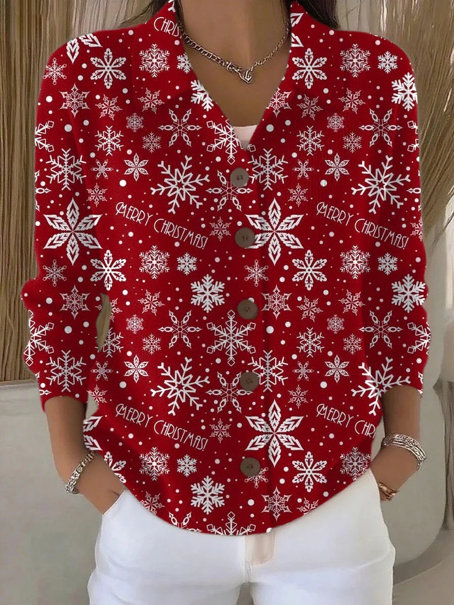 Vintage  Christmas Snowflake Art Print Buttoned Cardigan Sweater