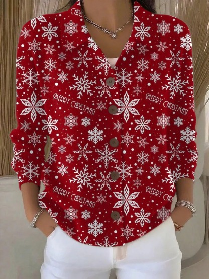 Vintage  Christmas Snowflake Art Print Buttoned Cardigan Sweater