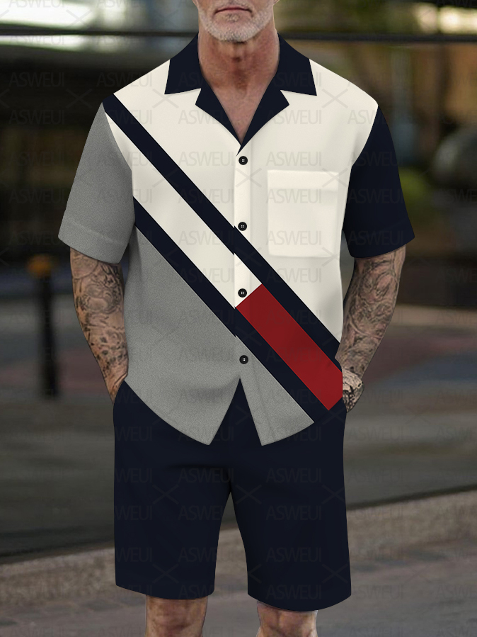 Men's Fashion Casual Geometric Print Short-Sleeved Shirt Set