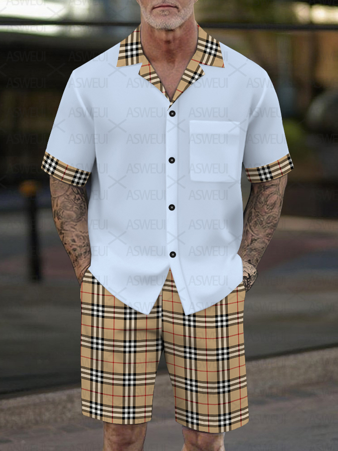 Men's Fashion Casual Geometric Print Short-Sleeved Shirt Set