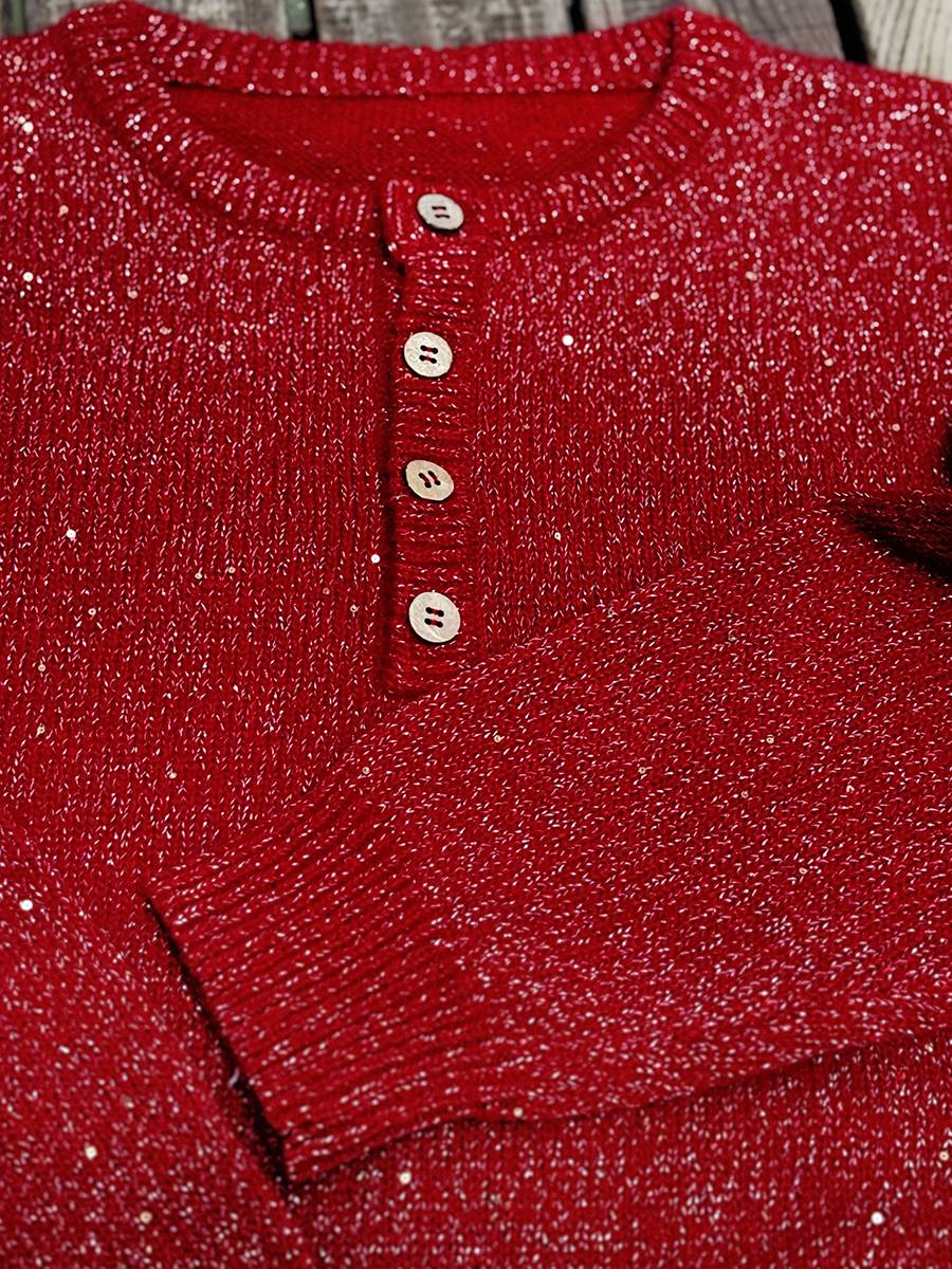 Women's Shiny Henley Neck Solid Color Sweater Top