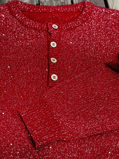 Women's Shiny Henley Neck Solid Color Sweater Top