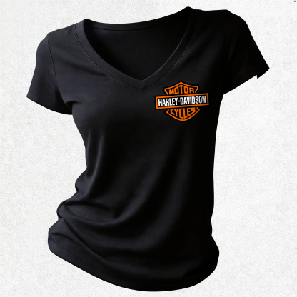  Motorcycles Printed Women's V-neck Pleated Waist Fitted T-shirt