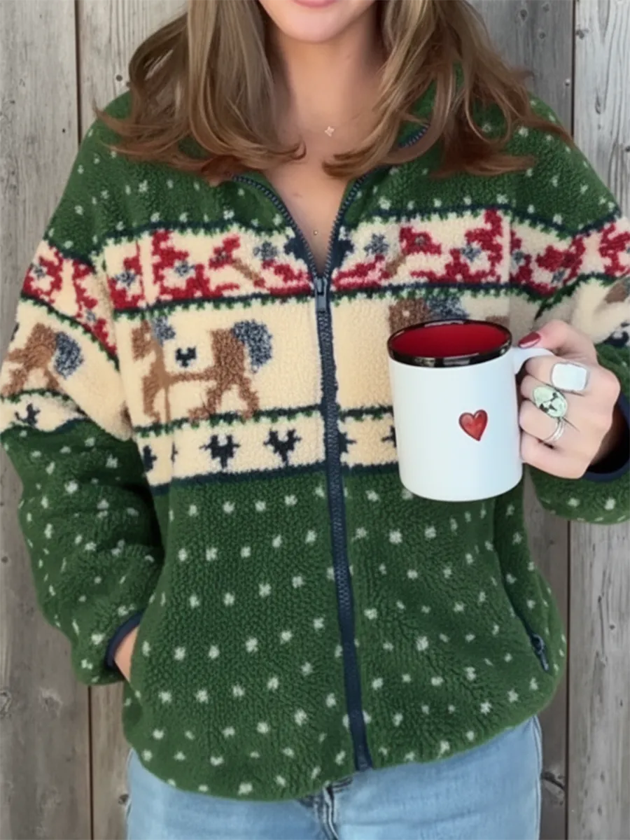 Cozy Lambswool Reindeer Print Zip-up Hooded Jacket