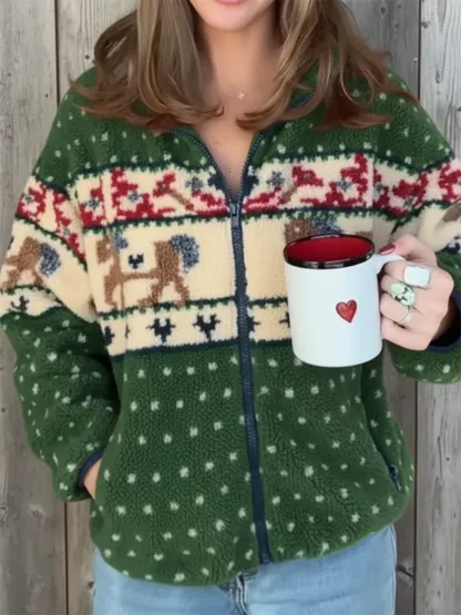 Cozy Lambswool Reindeer Print Zip-up Hooded Jacket