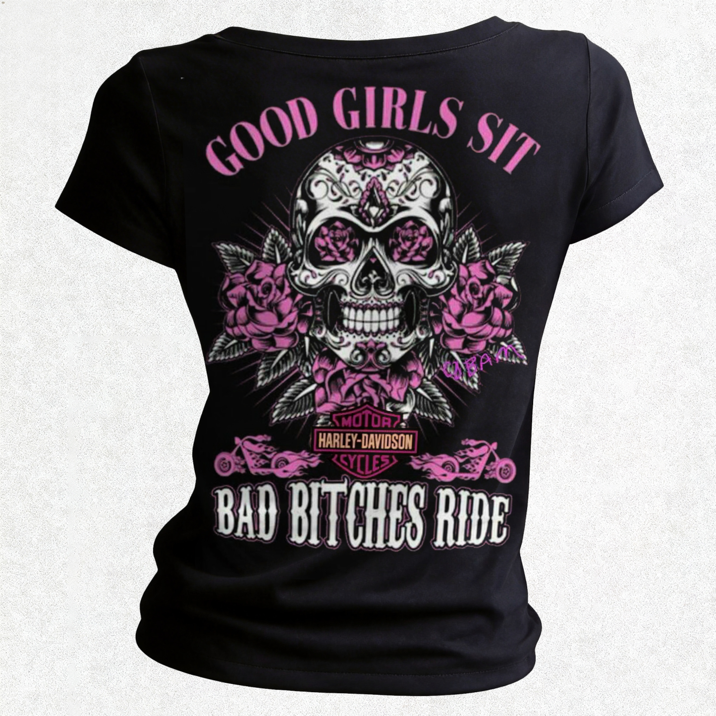  Motorcycles Printed Women's V-neck Pleated Waist Fitted T-shirt