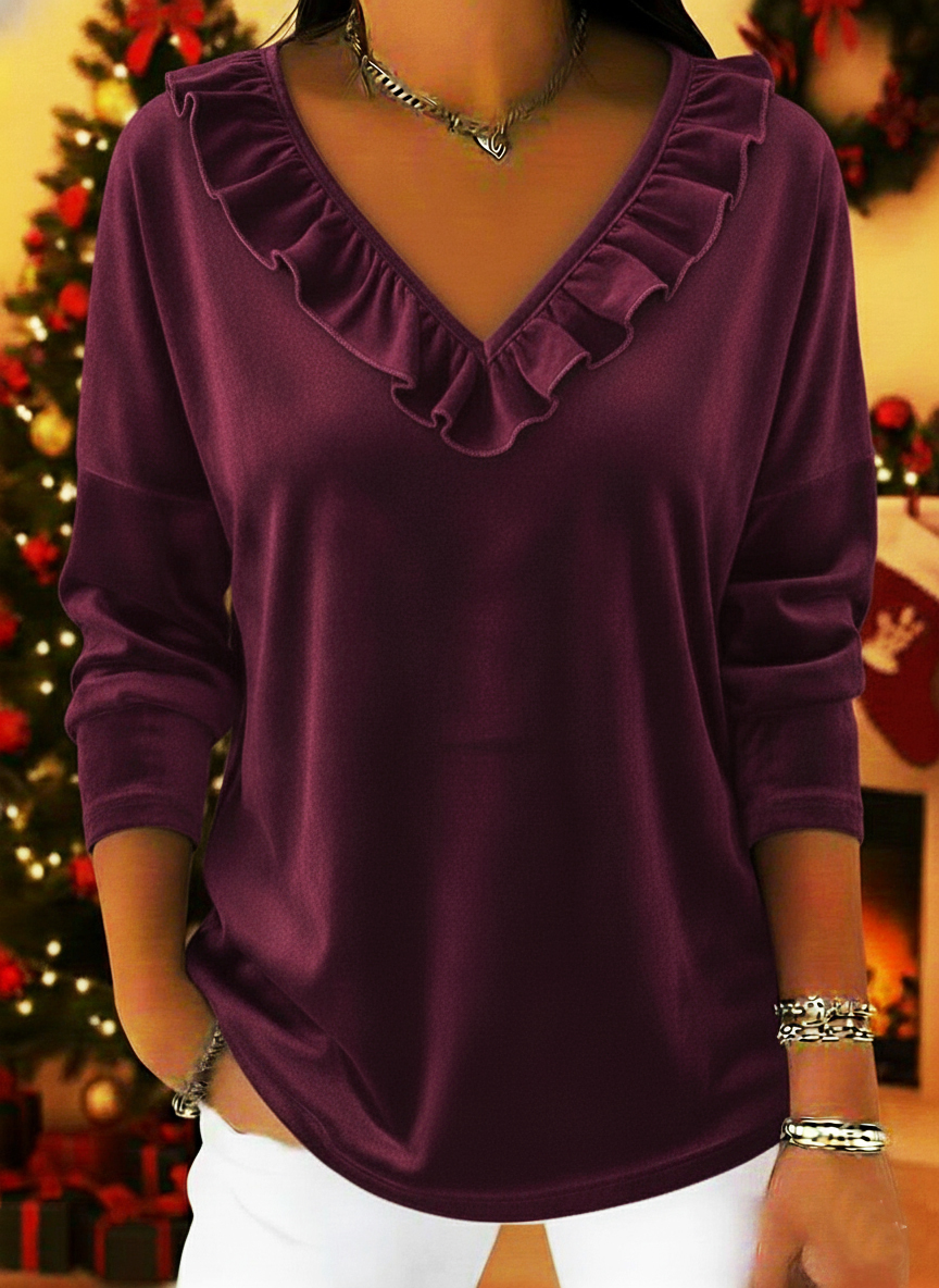 Retro Christmas Velvet V-neck Ruffled Pullover Top