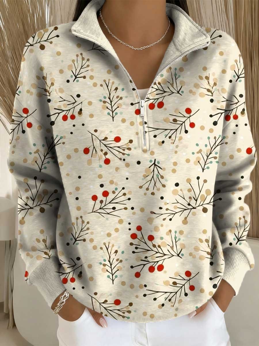 Women's Christmas Pattern Art Print Casual Long Sleeve Zip Sweatshirt