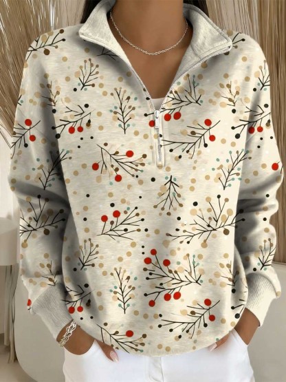 Women's Christmas Pattern Art Print Casual Long Sleeve Zip Sweatshirt