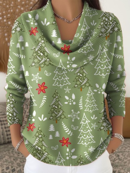 Women's Christmas Tree Pattern Art Print Buttoned Cardigan Sweater