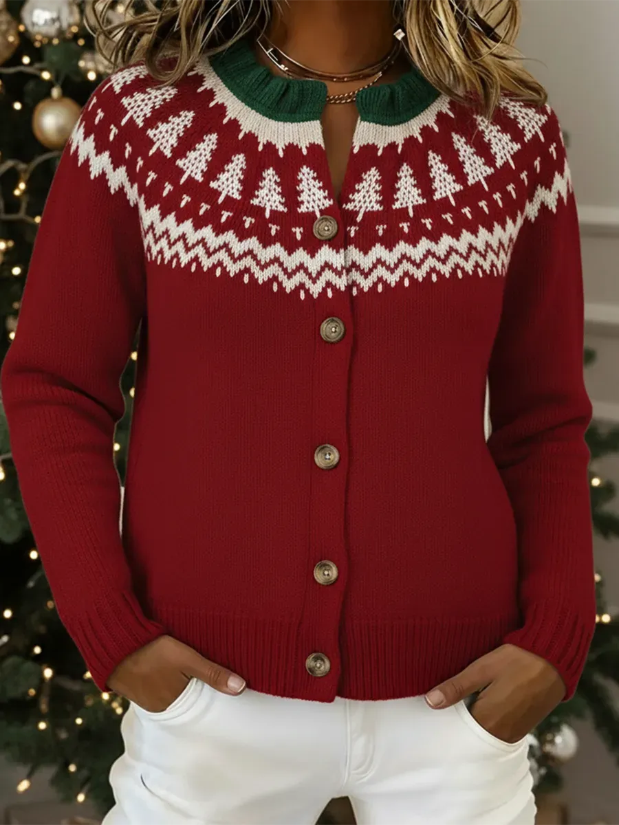 Vintage Christmas Pine Print Crew Neck Button Cardigan