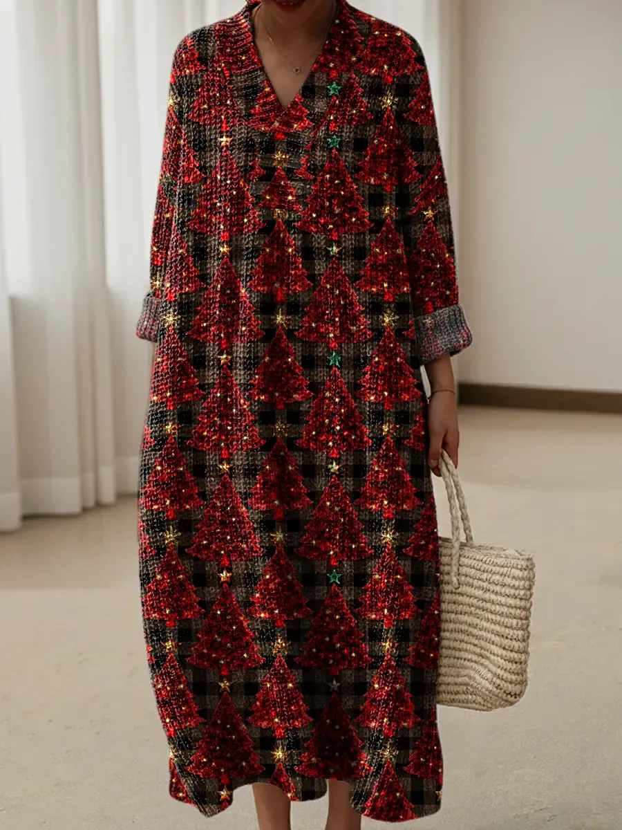 Women's Vintage Christmas Tree Art Print V-neck Knitted Sweater Dress