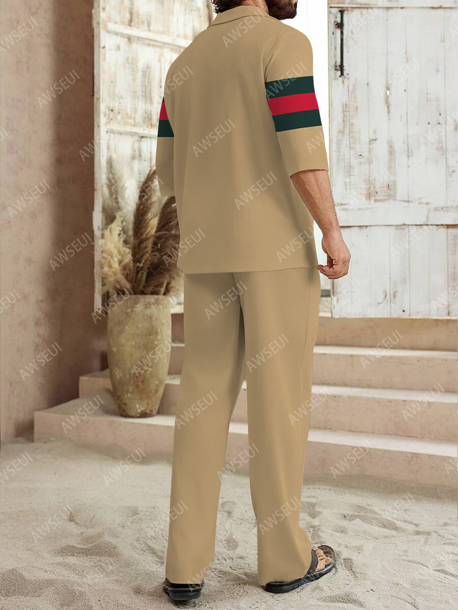 Men's fashion casual color matching print sleeve V-neck two-piece set