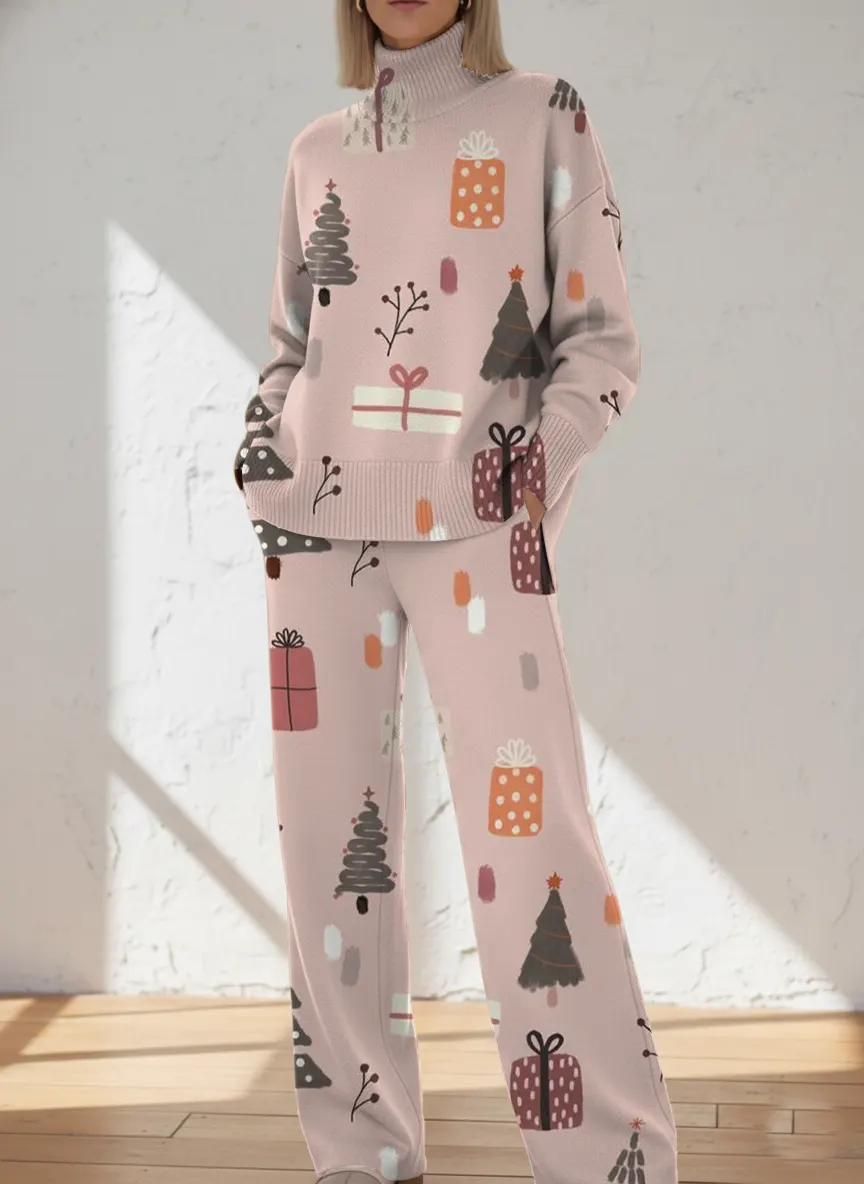 Women's Retro Christmas  Art Print Casual Knit Set