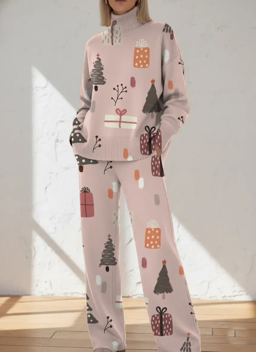 Women's Retro Christmas Art Print Casual Knit Set