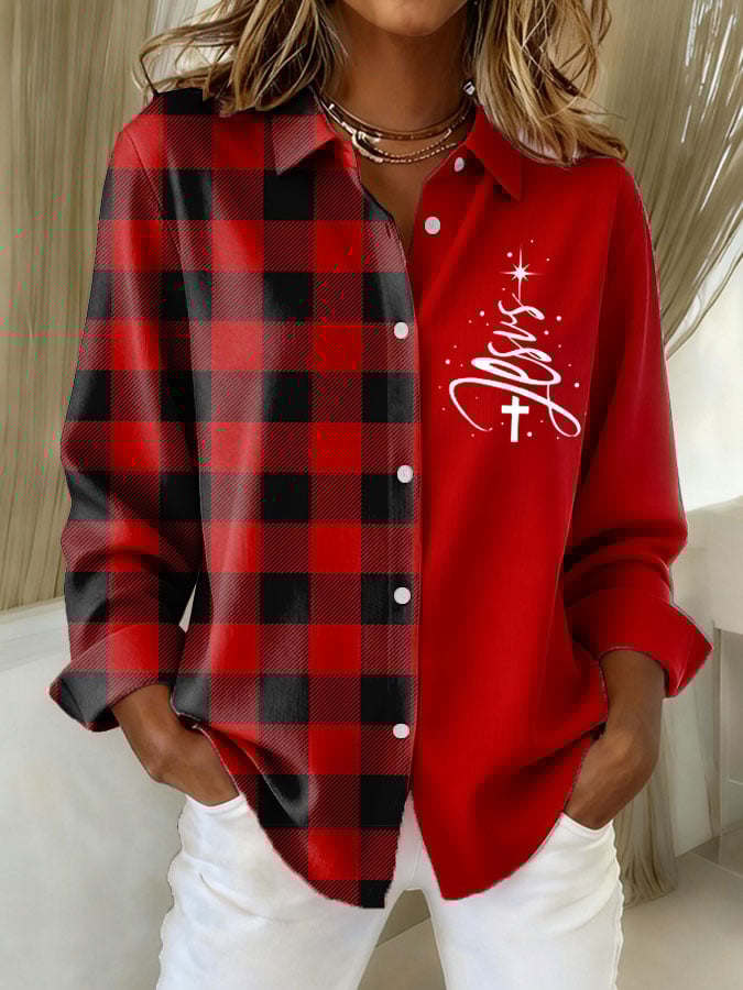 Women's Christmas Contrast Color Stitching Plaid Jesus Print Casual Lapel Shirt