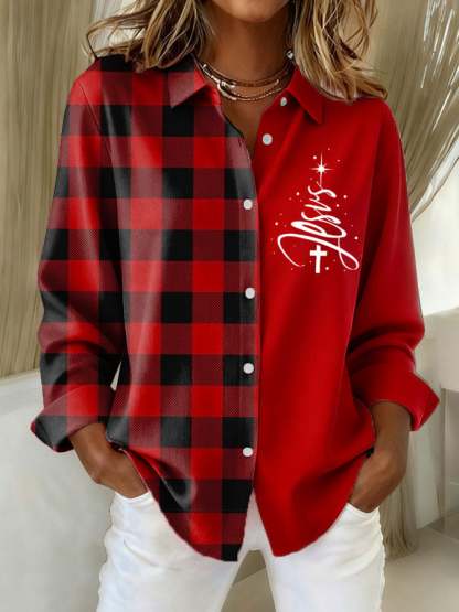 Women's Christmas Contrast Color Stitching Plaid Jesus Print Casual Lapel Shirt