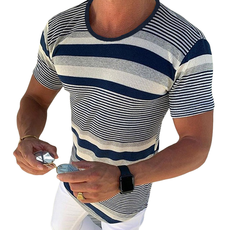 Men's Spring and Summer Casual Horizontal Stripe Knit Short Sleeve T-Shirt ASW1978C7K
