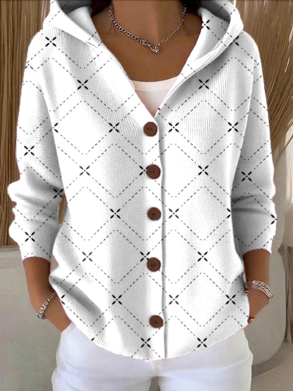 Women's Dashed Grid Printed Casual Hooded Button Sweater