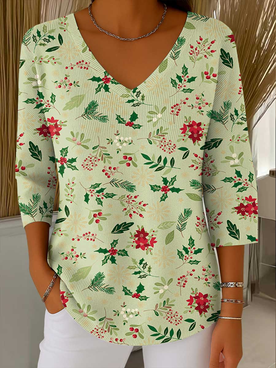 Women's Christmas Graphic Print V-Neck 3/4 Sleeve Casual Loose Pullover Sweater