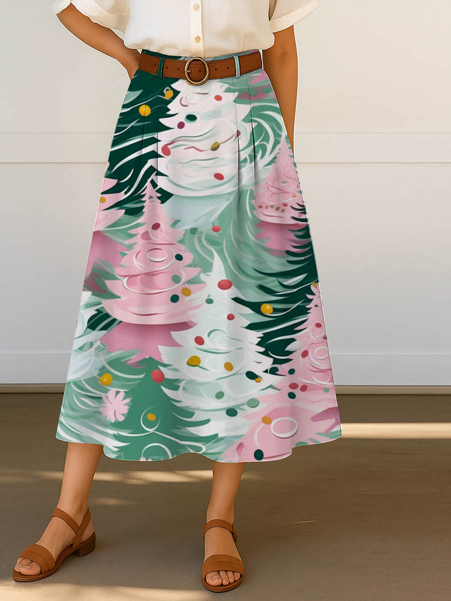Women's Christmas Tree Pattern Art Print Casual Cotton Skirt