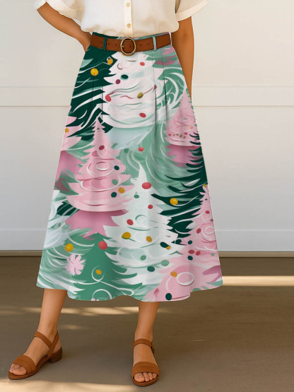 Women's Christmas Tree Pattern Art Print Casual Cotton Skirt
