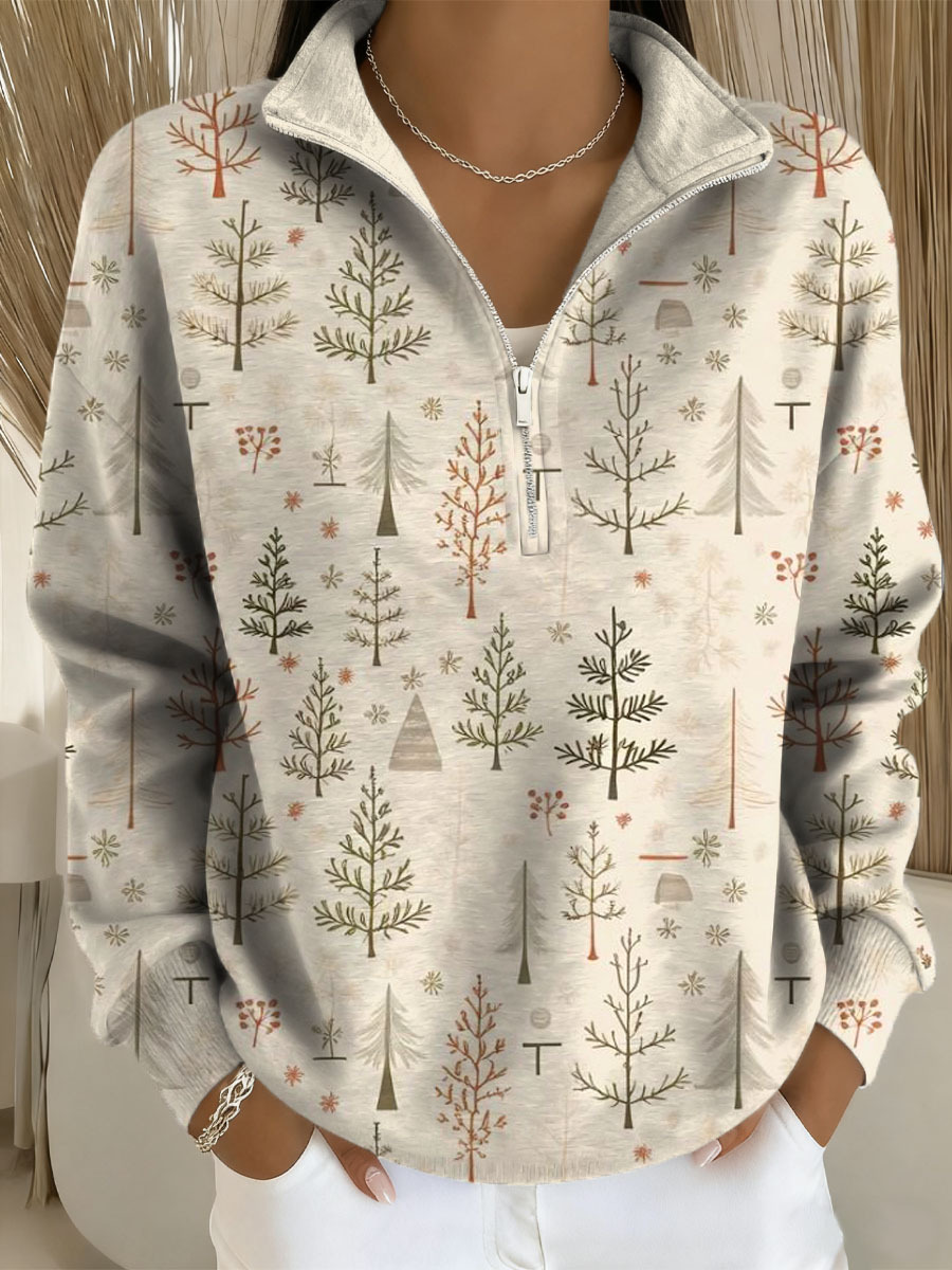 Women's Christmas Tree Art Print Casual Long Sleeve Zip Sweatshirt