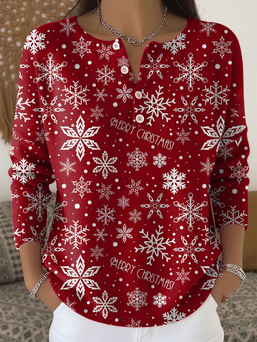 Vintage  Christmas Snowflake Art Print Buttoned Cardigan Sweater