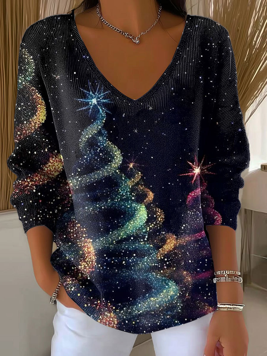 Women's Christmas Tree Pattern Print Casual Pullover Sweater