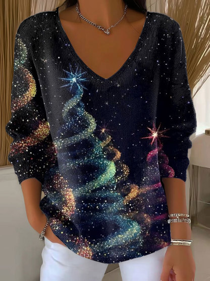 Women's Christmas Tree Pattern Print Casual Pullover Sweater