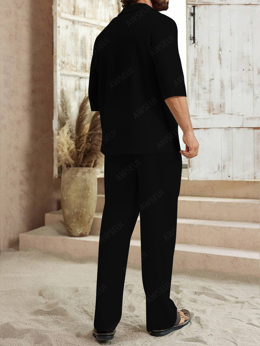 Men's fashion casual color matching print sleeve V-neck two-piece set
