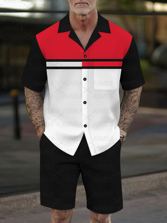 Men's Fashion Casual Geometric Print Short-Sleeved Shirt Set