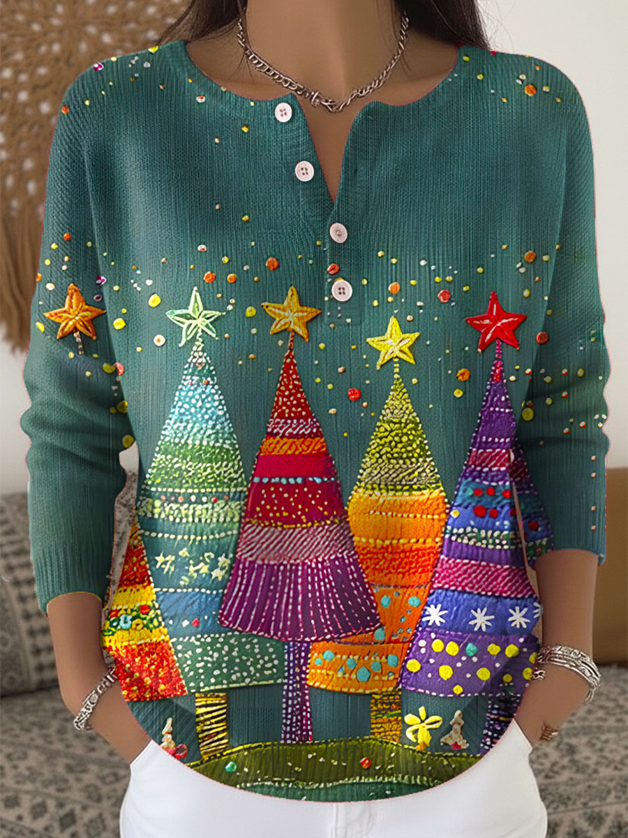 Women's Christmas Tree Art Print Buttoned Cardigan Sweater