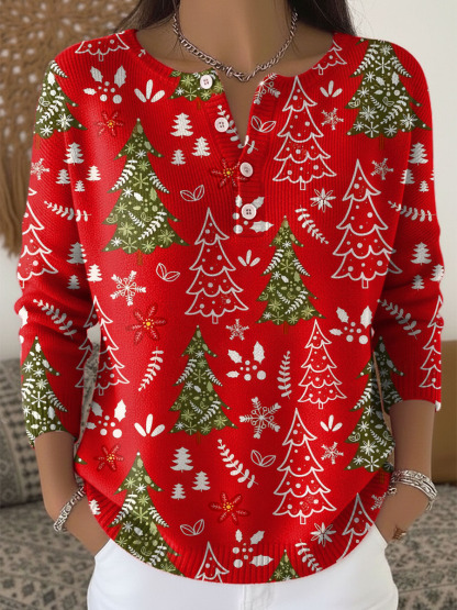 Women's Christmas Tree Pattern Art Print Buttoned Cardigan Sweater