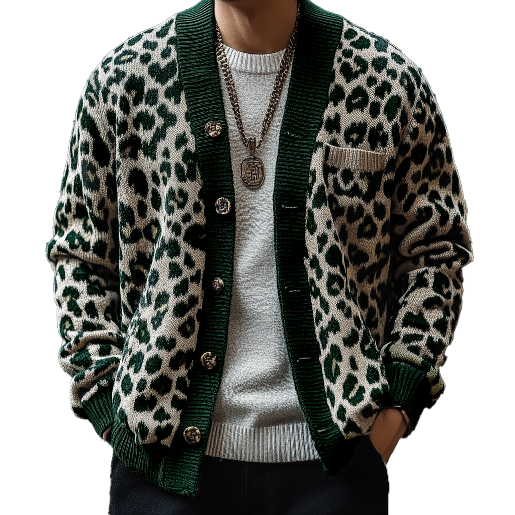 Men's Vintage Leopard Jacquard Colorblock Single Breasted Cardigan 