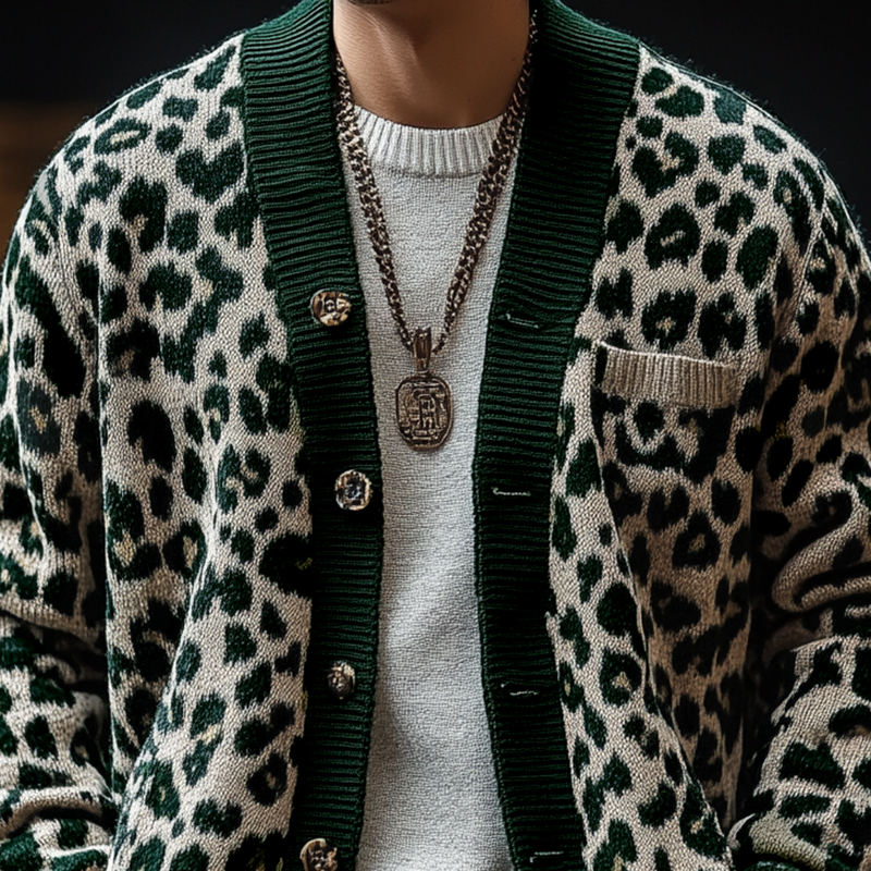 Men's Vintage Leopard Jacquard Colorblock Single Breasted Cardigan 
