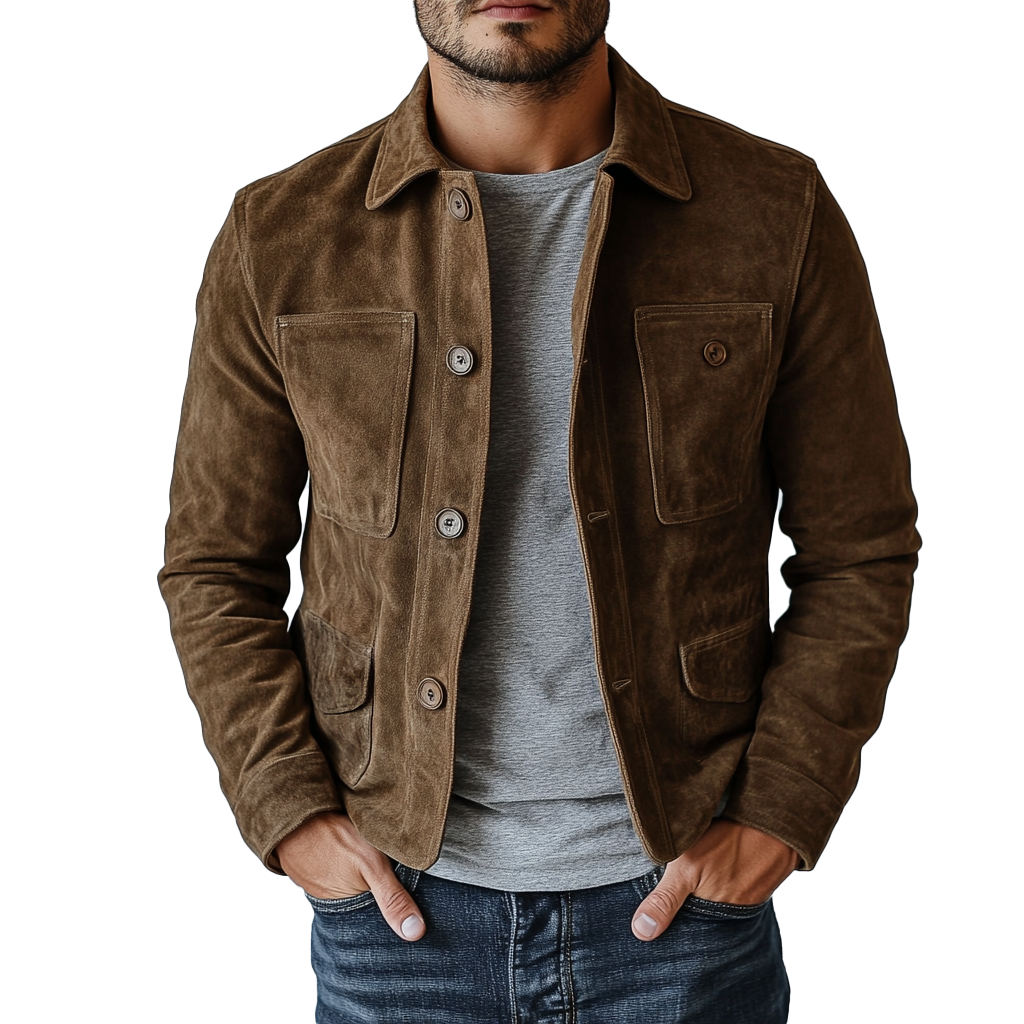 Men's Vintage Suede Buttons Multi-Pocket Lapel Jacket 